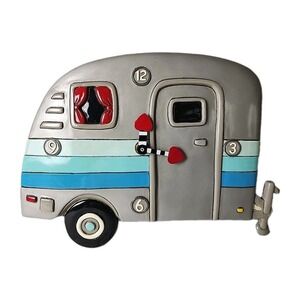 Happy Campers Clock Allen Design Whimsical Wall Clock Retro Trailer Silver *read